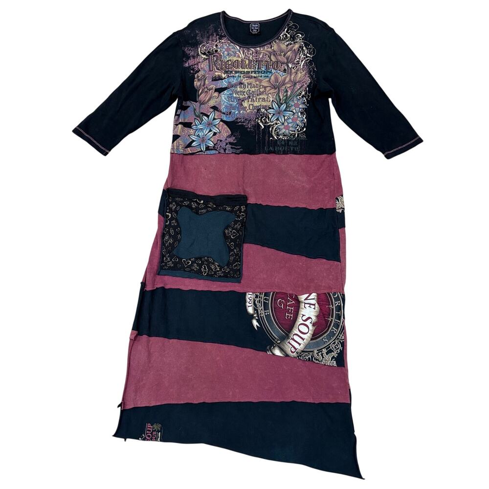 Floral Patchwork Dress Asymmetrical Hem Artsy Tunic BOHO Lagenlook Medium Y2K